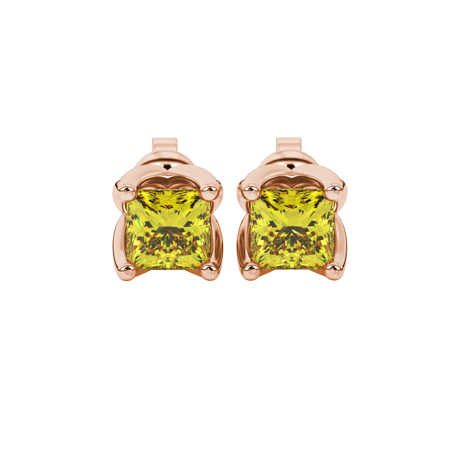Princess canary yellow gemstone earrings, rose gold tulip basket setting.