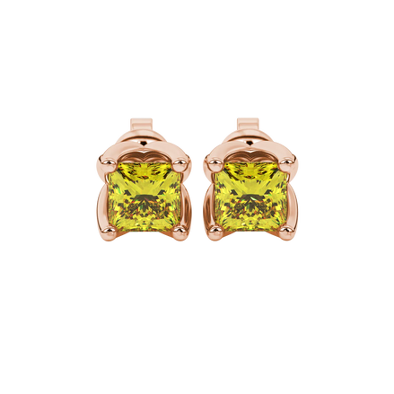 Princess canary yellow gemstone earrings, rose gold tulip basket setting.