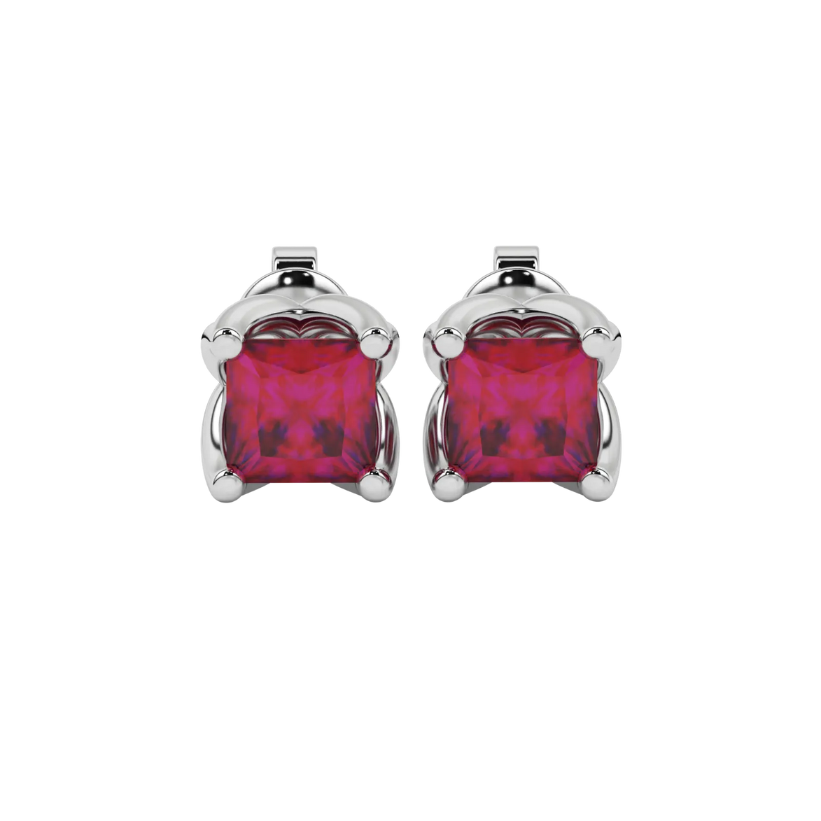 Princess raspberry red gemstone earrings, white gold tulip basket setting.