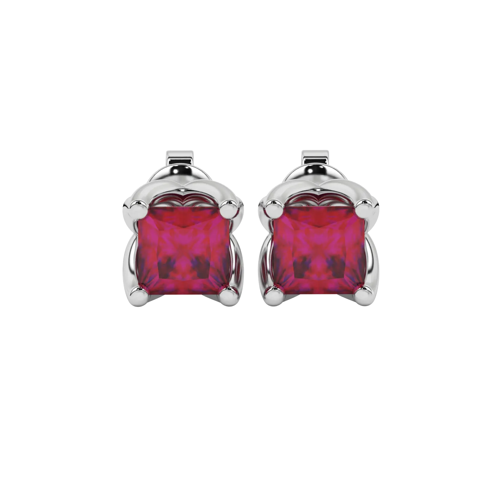 Princess raspberry red gemstone earrings, white gold tulip basket setting.