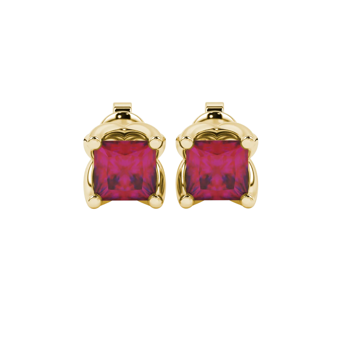Princess raspberry red gemstone earrings, yellow gold tulip basket setting.