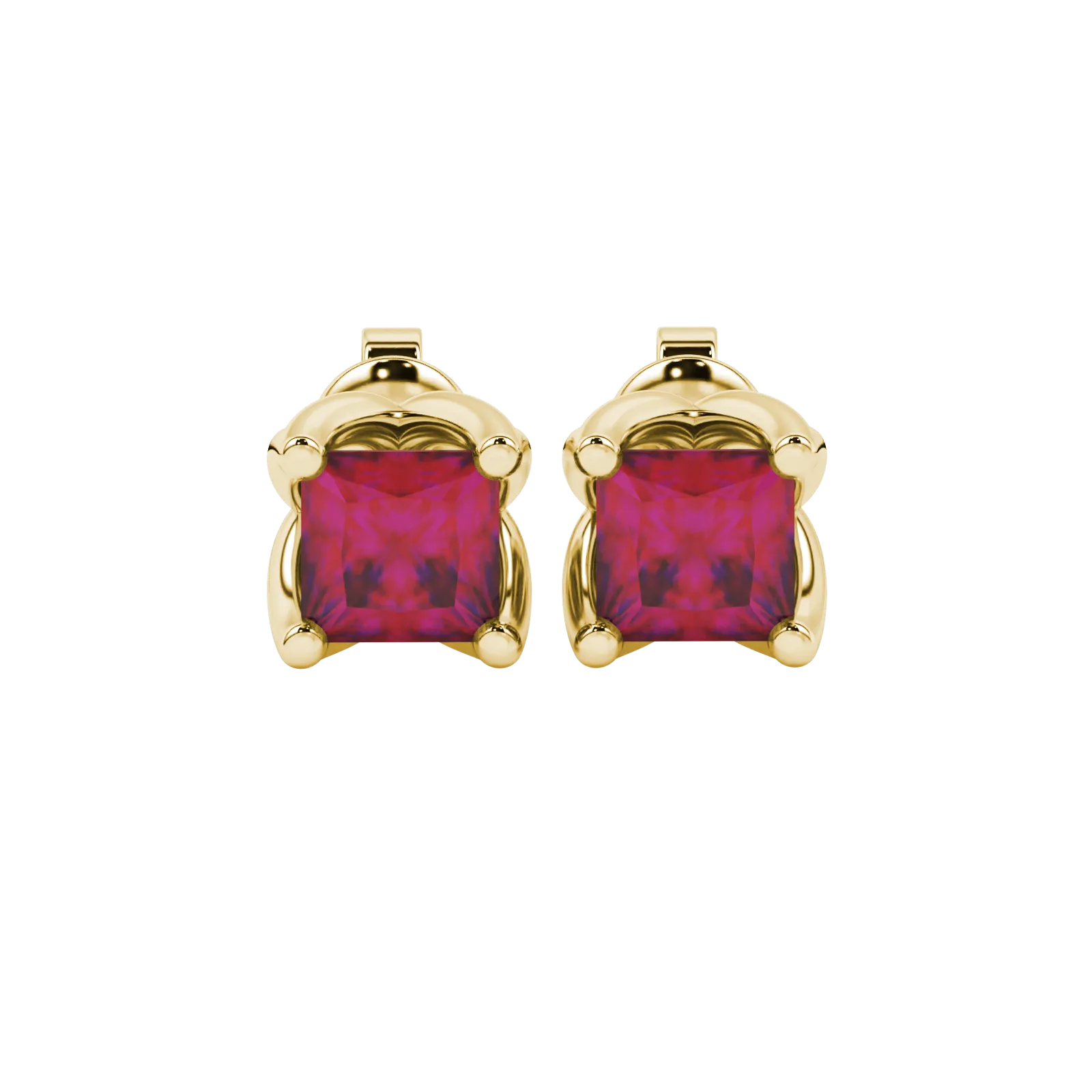 Princess raspberry red gemstone earrings, yellow gold tulip basket setting.