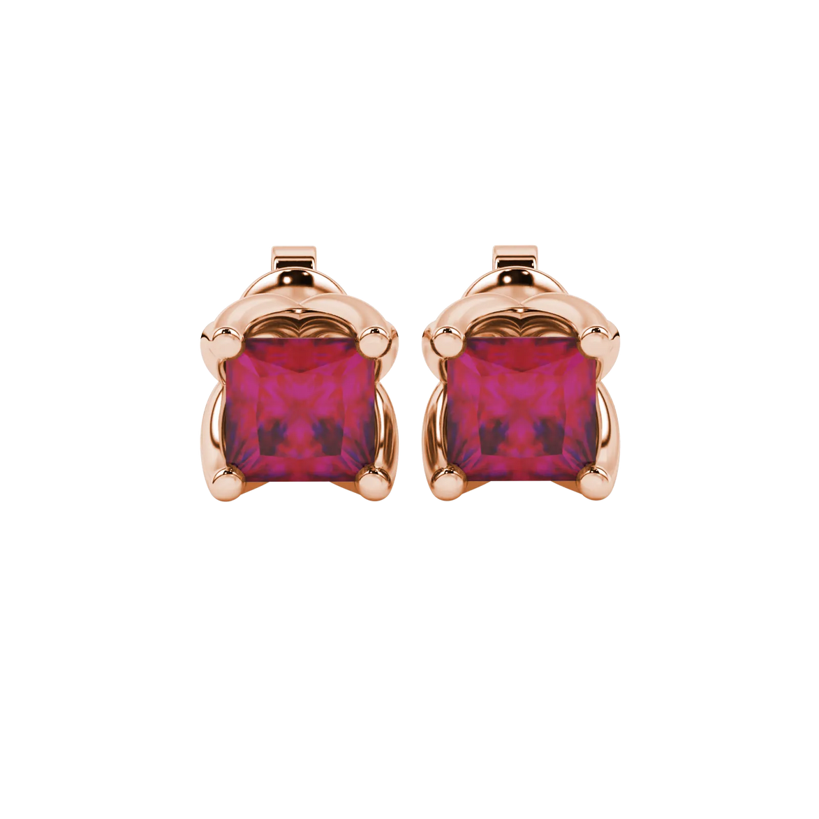 Princess raspberry red gemstone earrings, rose gold tulip basket setting.