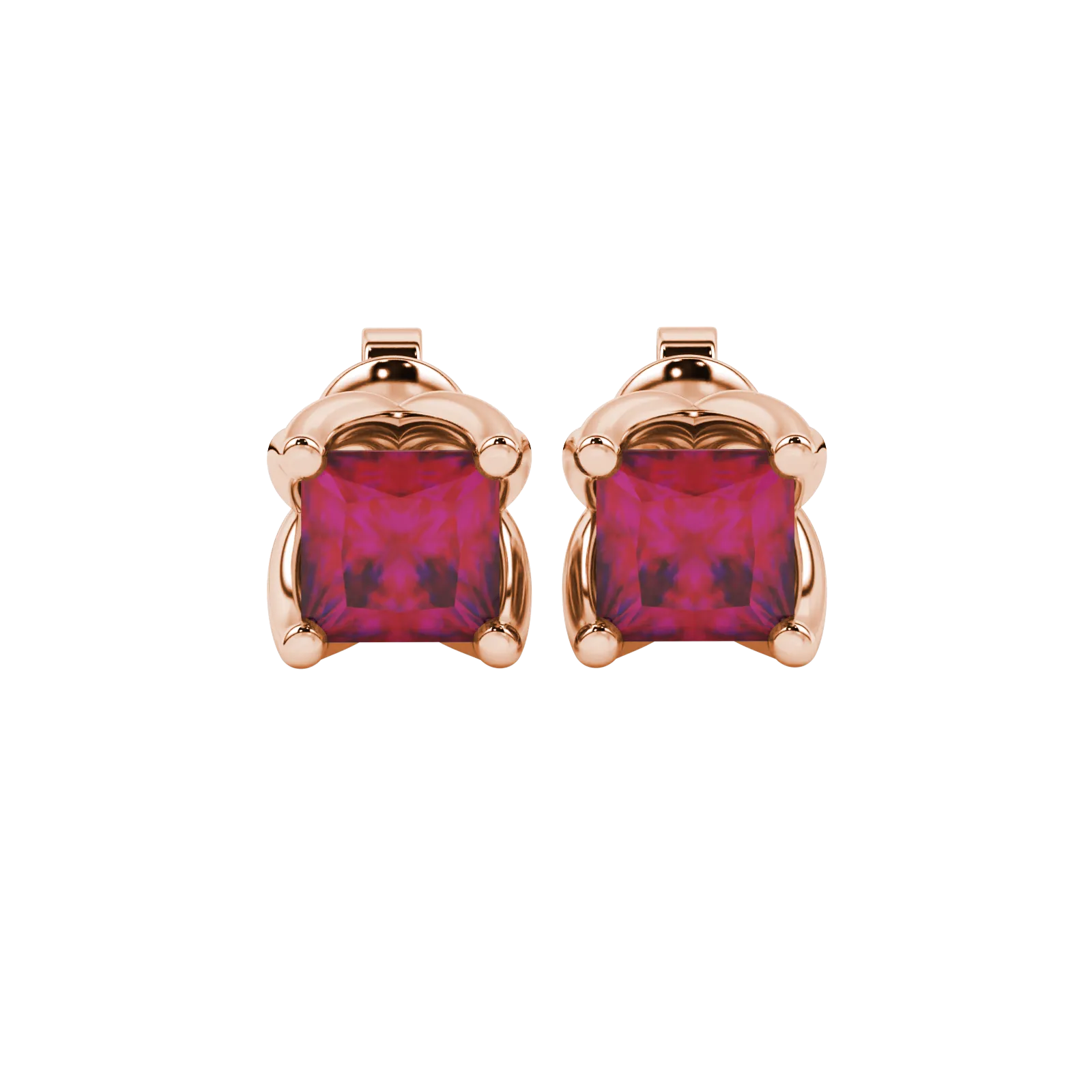 Princess raspberry red gemstone earrings, rose gold tulip basket setting.