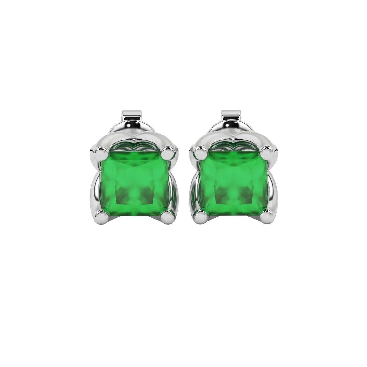 Princess emerald green gemstone earrings, white gold tulip basket setting.