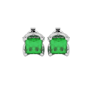 Princess emerald green gemstone earrings, white gold tulip basket setting.