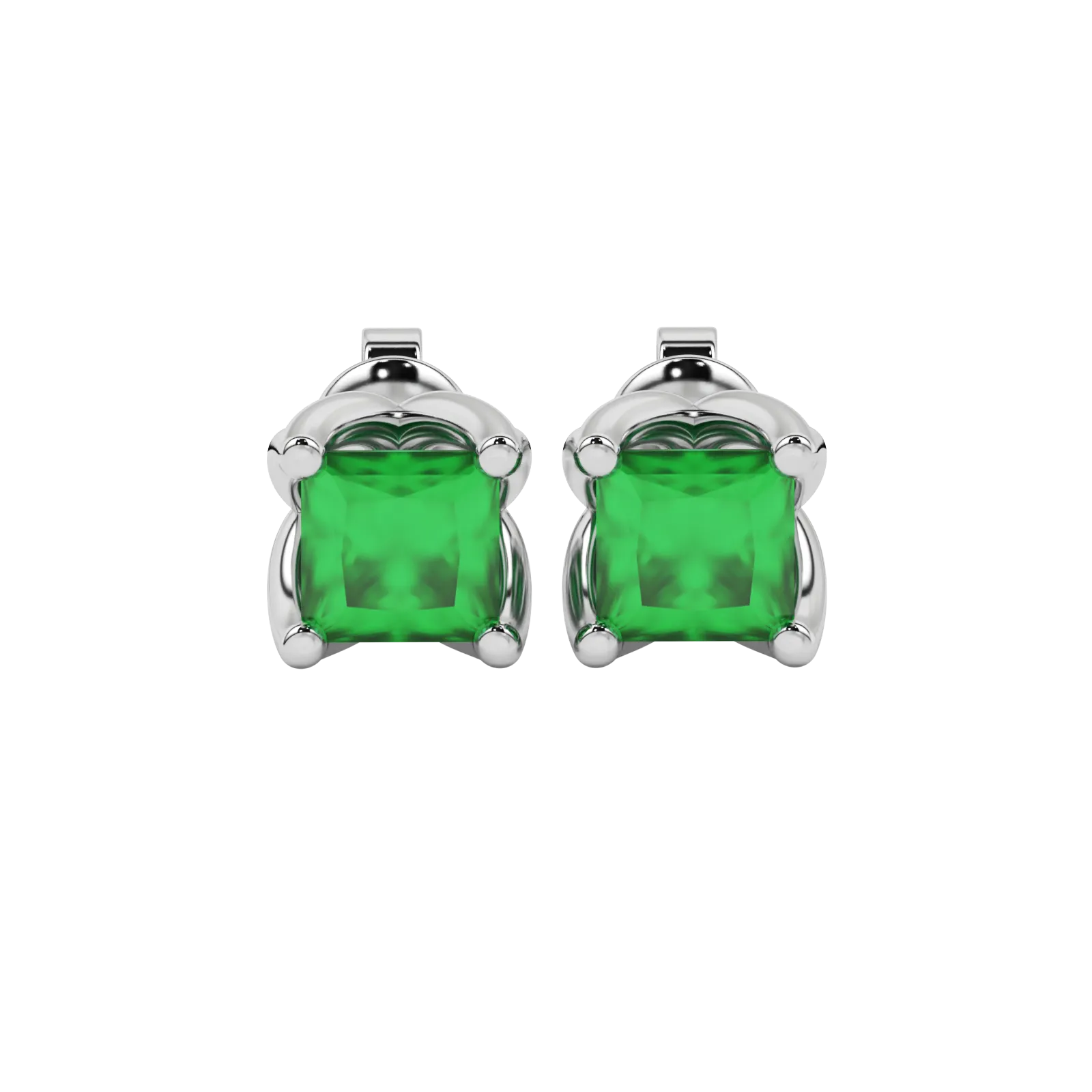 Princess emerald green gemstone earrings, white gold tulip basket setting.