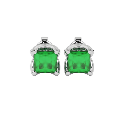 Princess emerald green gemstone earrings, white gold tulip basket setting.