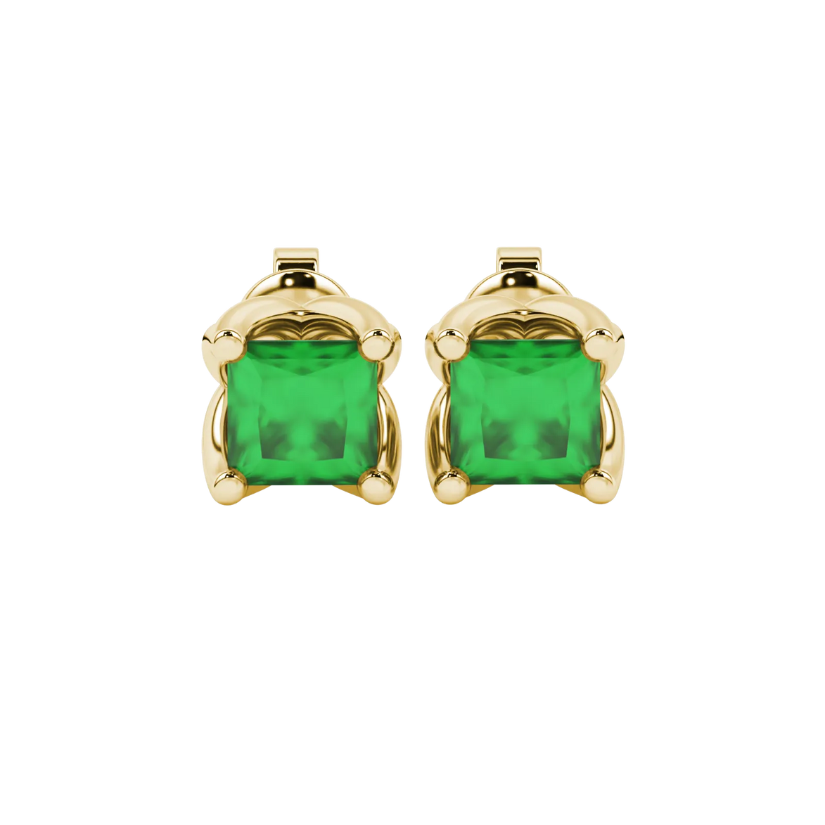 Princess emerald green gemstone earrings, yellow gold tulip basket setting.