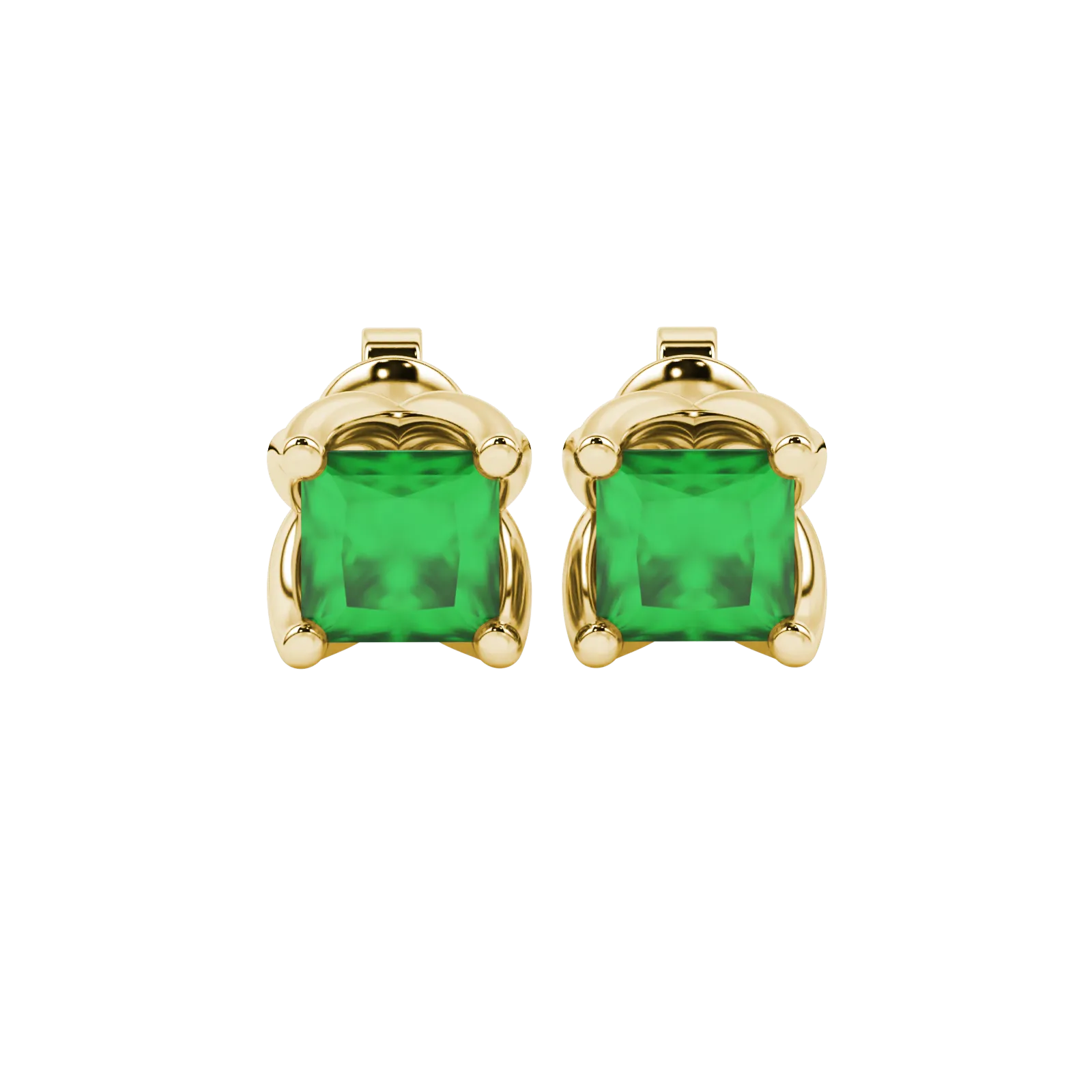 Princess emerald green gemstone earrings, yellow gold tulip basket setting.