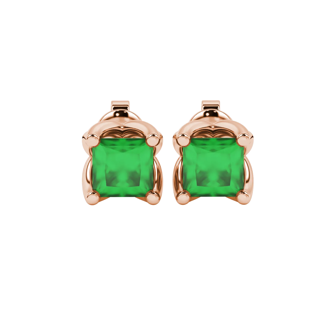 Princess emerald green gemstone earrings, rose gold tulip basket setting.