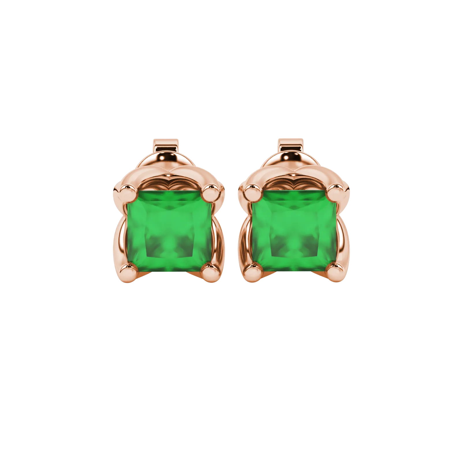 Princess emerald green gemstone earrings, rose gold tulip basket setting.