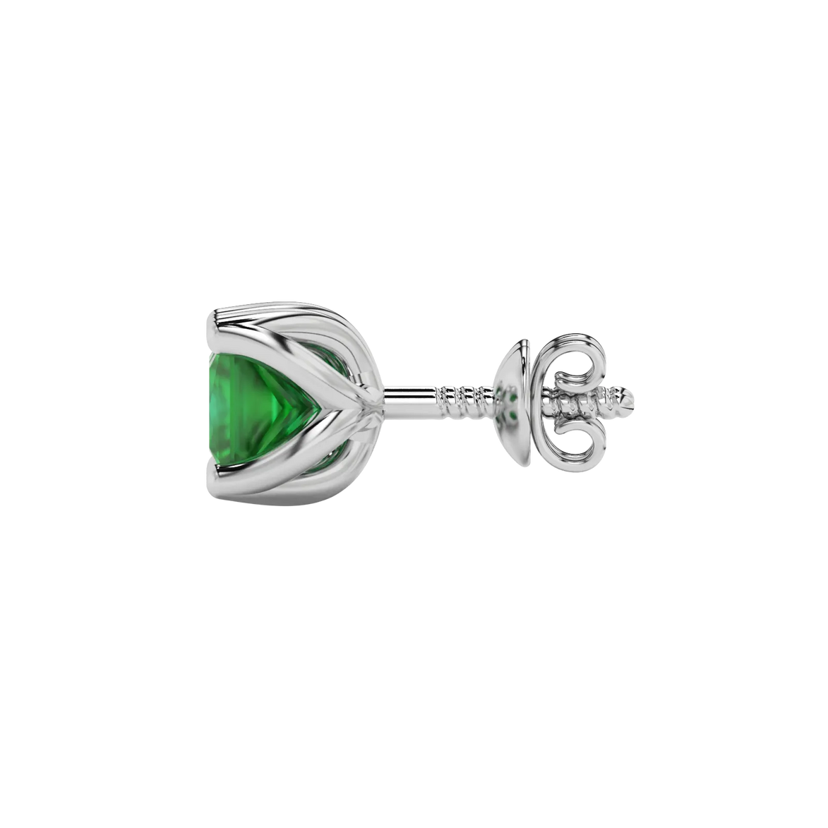 Side profile, white gold emerald green earrings, tulip basket gallery.