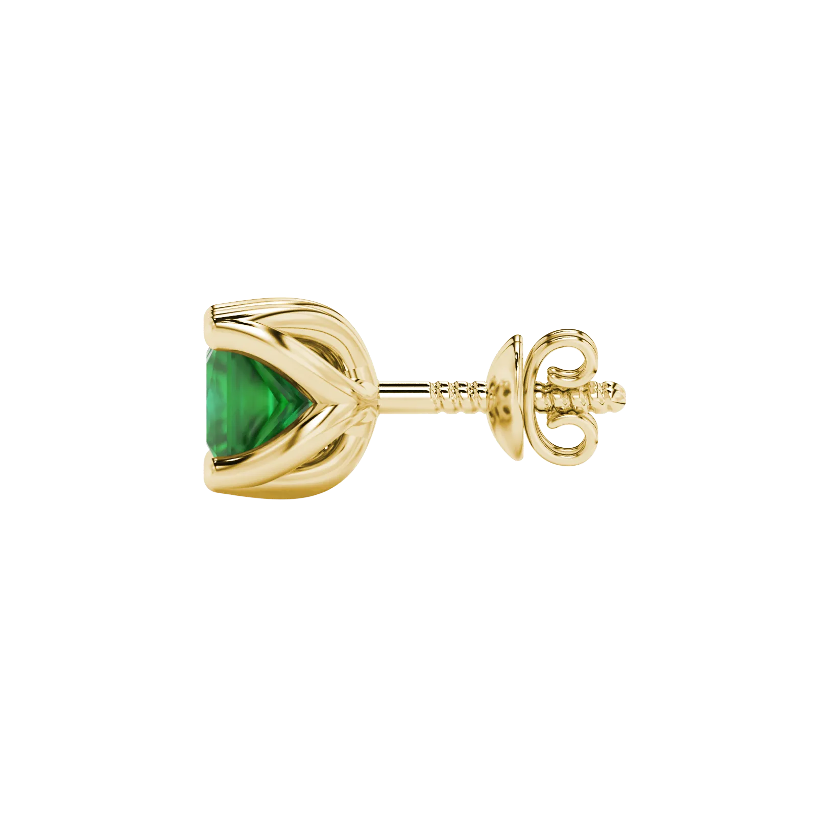 Side profile, yellow gold emerald green earrings, tulip basket gallery.