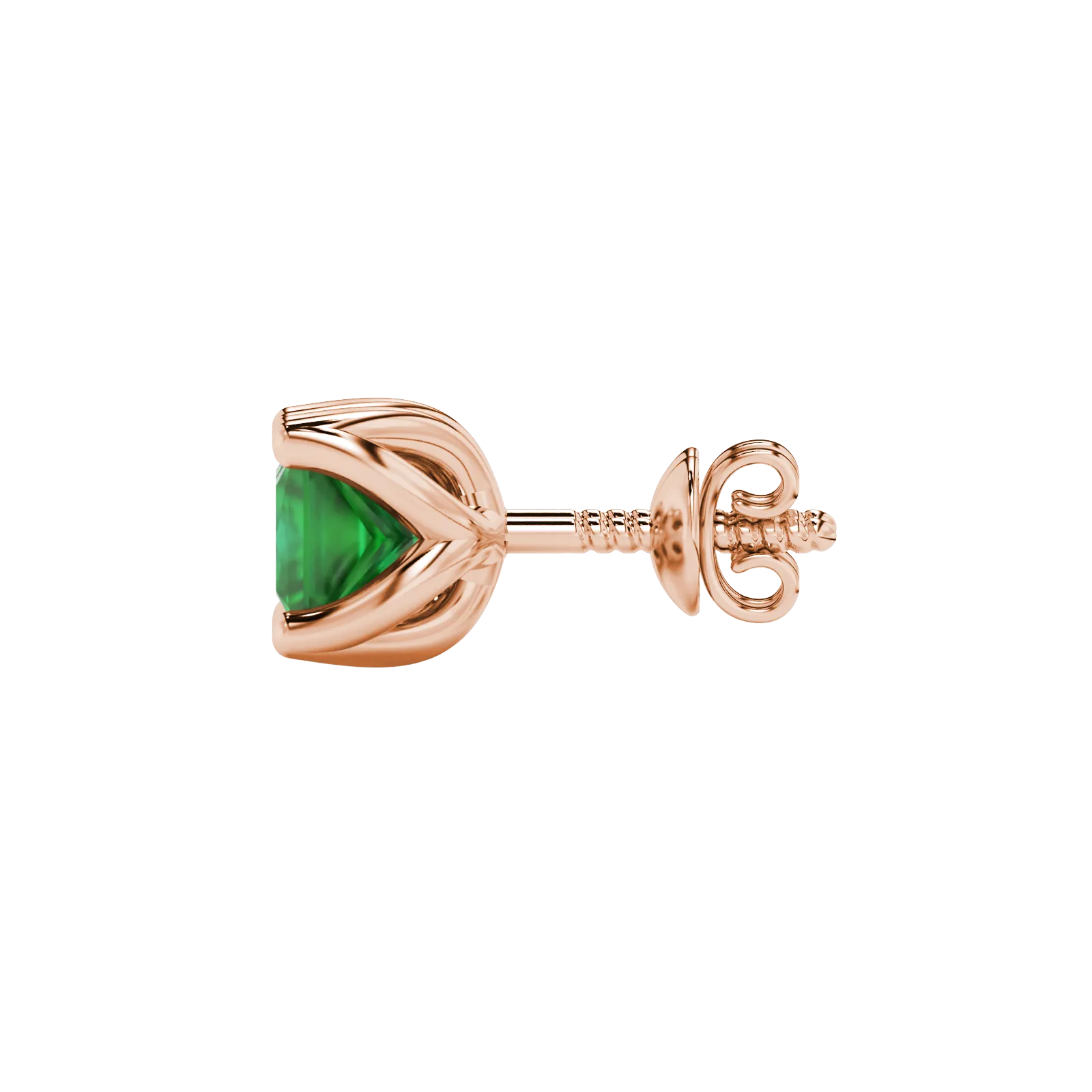Side profile, rose gold emerald green earrings, tulip basket gallery.