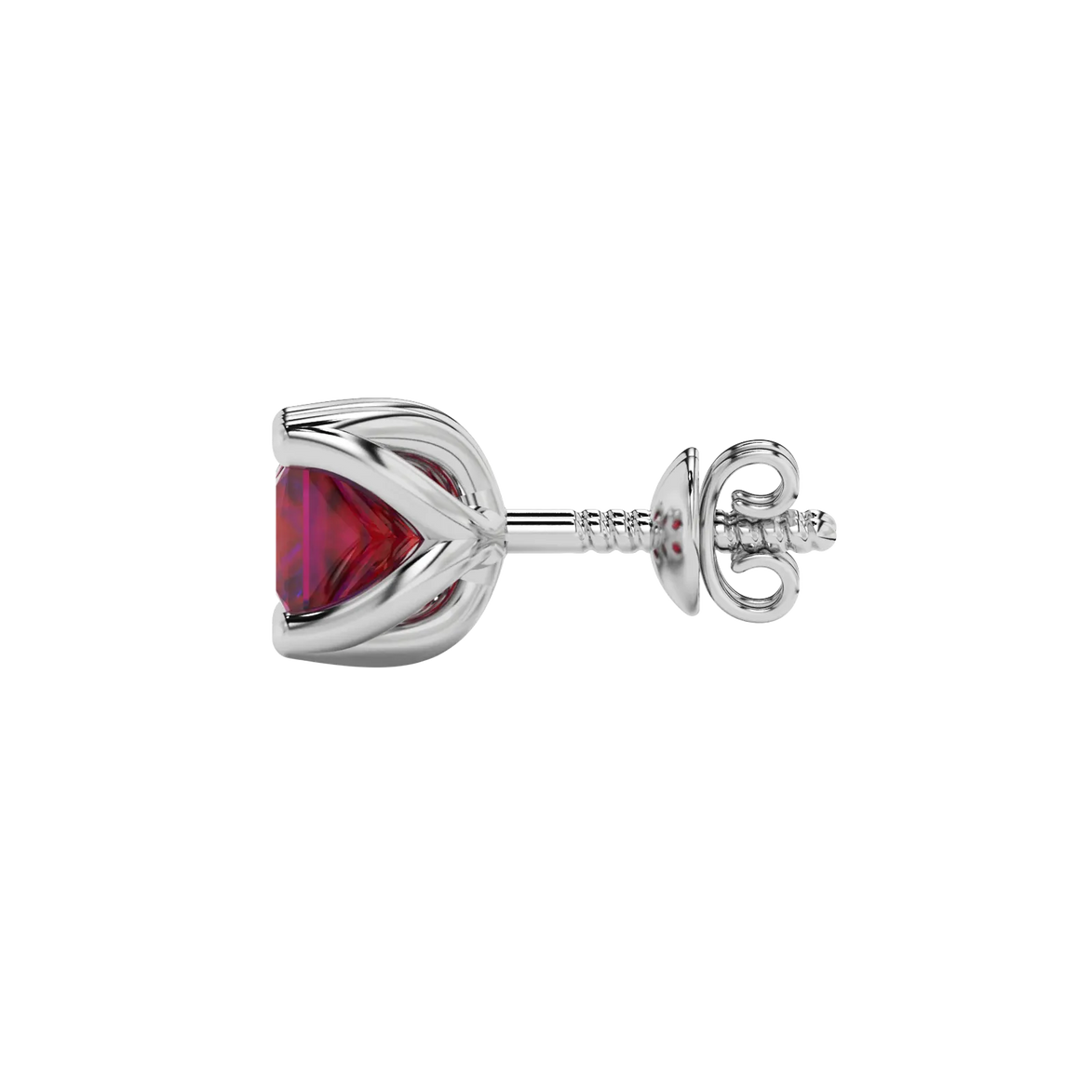 Side profile, white gold raspberry red earrings, tulip basket gallery.