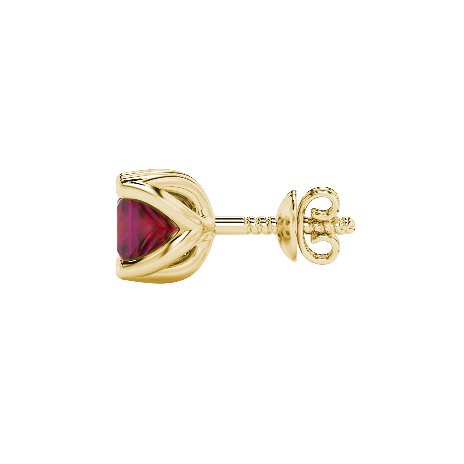 Side profile, yellow gold raspberry red earrings, tulip basket gallery.