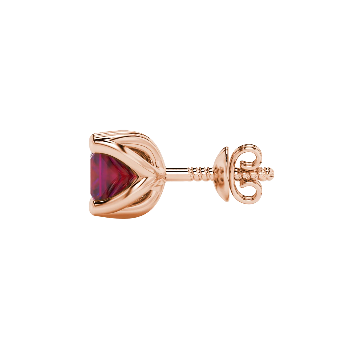 Side profile, rose gold raspberry red earrings, tulip basket gallery.