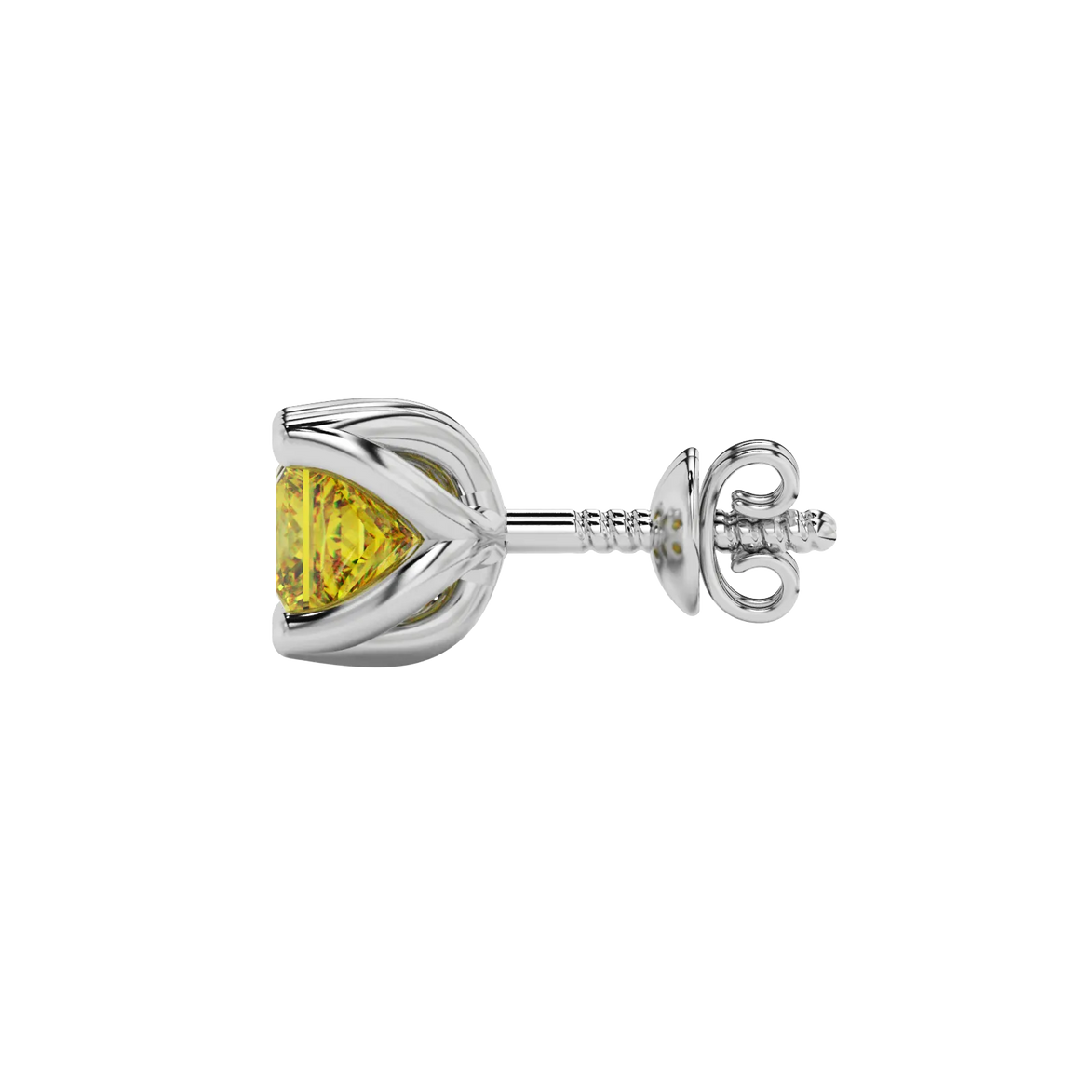 Side profile, white gold canary yellow earrings, tulip basket gallery.