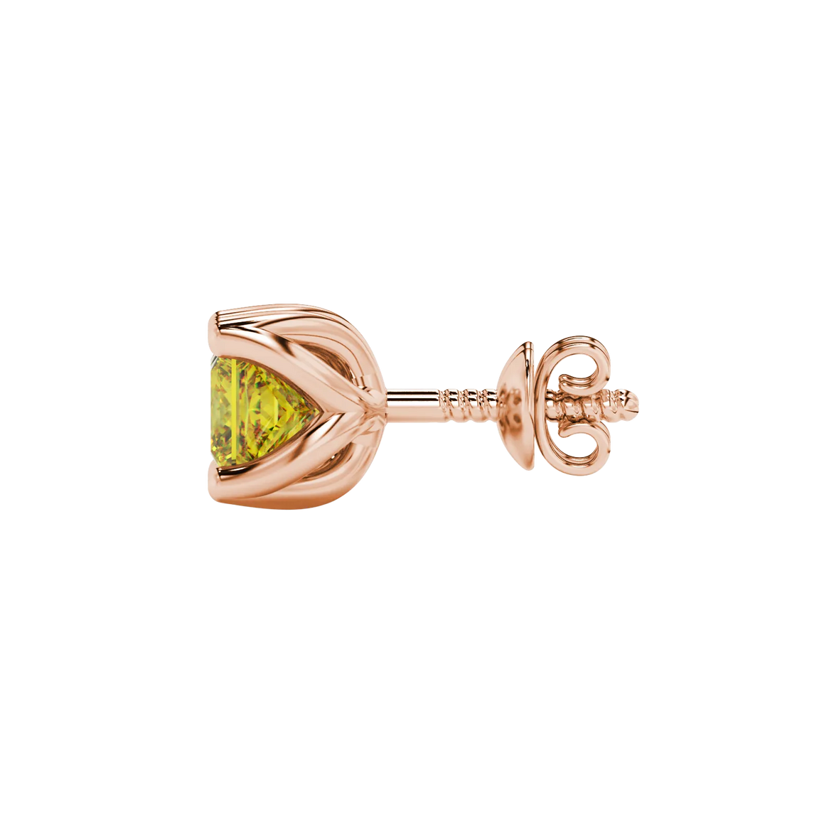 Side profile, rose gold canary yellow earrings, tulip basket gallery.