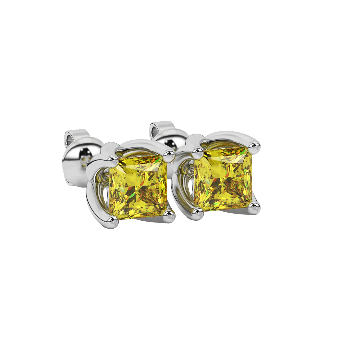 Close-up canary yellow gemstone earing, white gold tulip setting.
