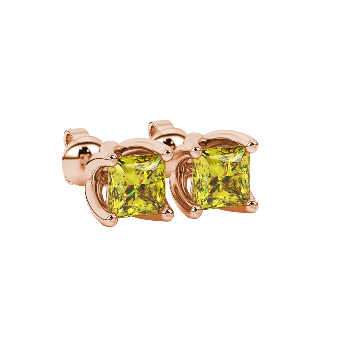 Close-up, princess canary yellow gemstone earrings, rose gold tulip setting.