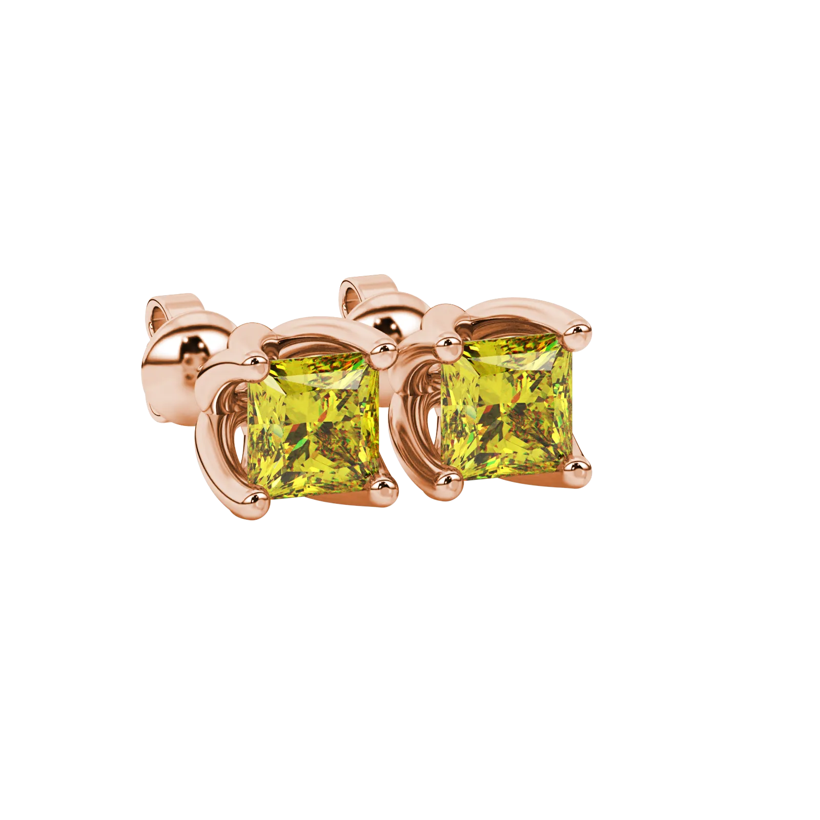 Close-up, princess canary yellow gemstone earrings, rose gold tulip setting.