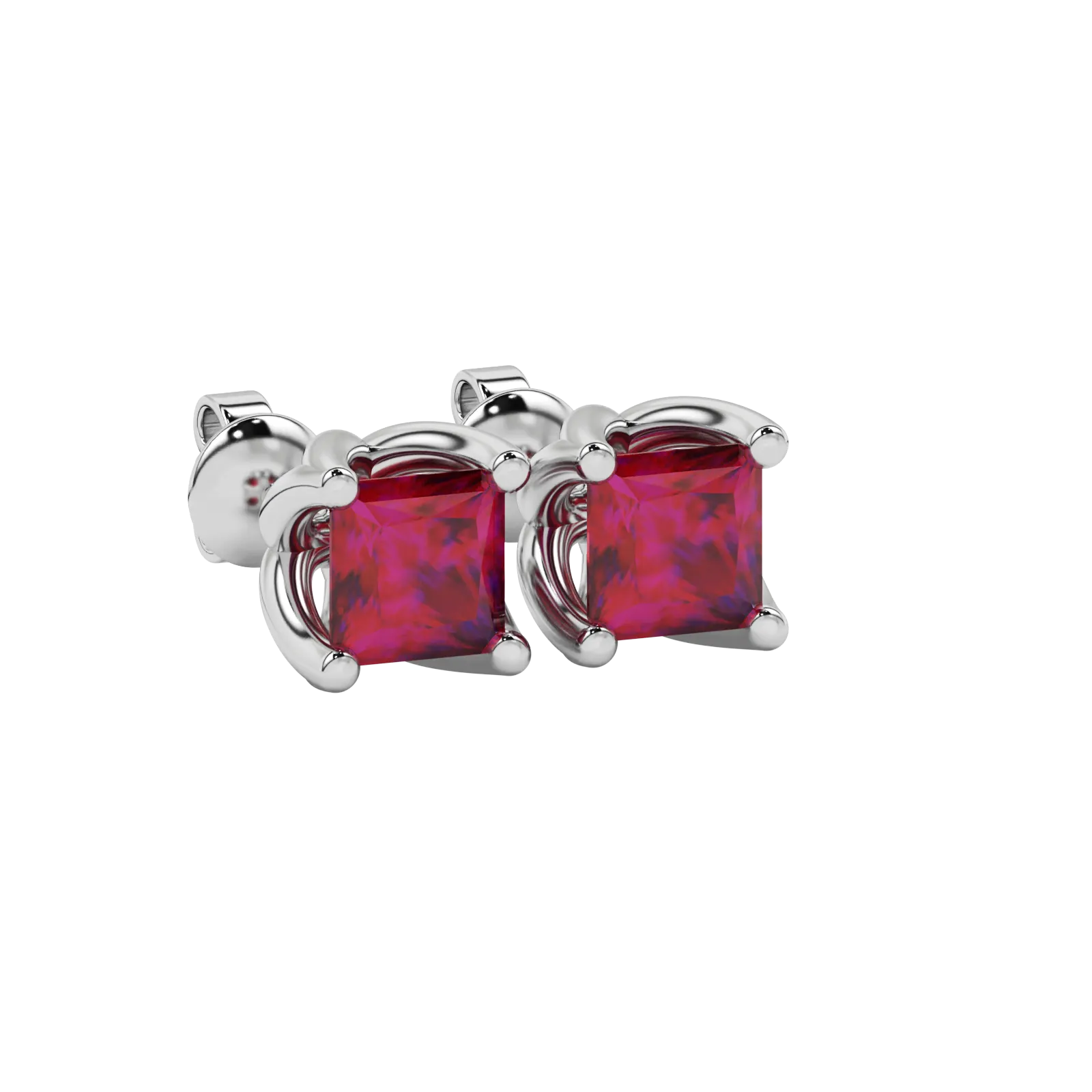 Close-up raspberry red gemstone, white gold tulip setting.