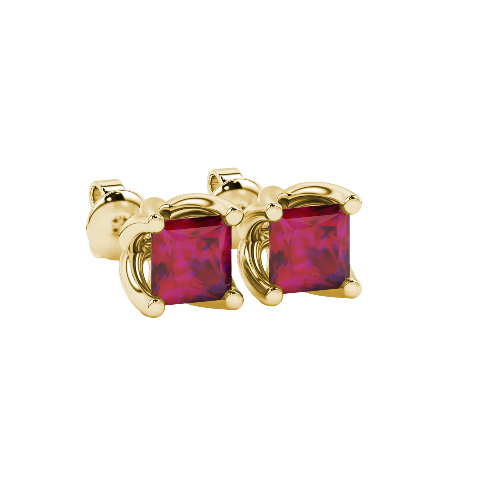 Close-up, princess raspberry red gemstone, yellow gold tulip earrings.