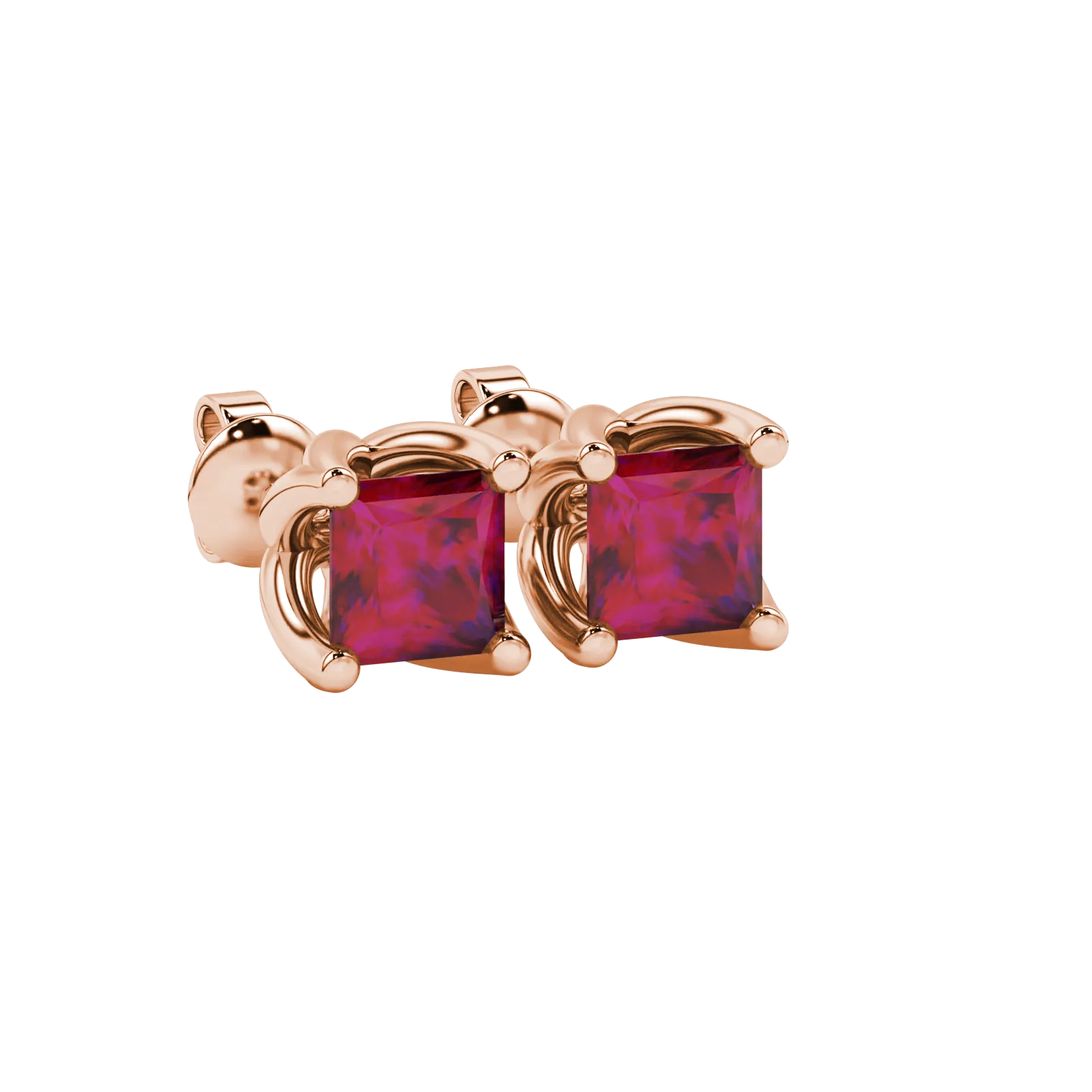 Close-up, princess raspberry red gemstone earrings, rose gold tulip setting.