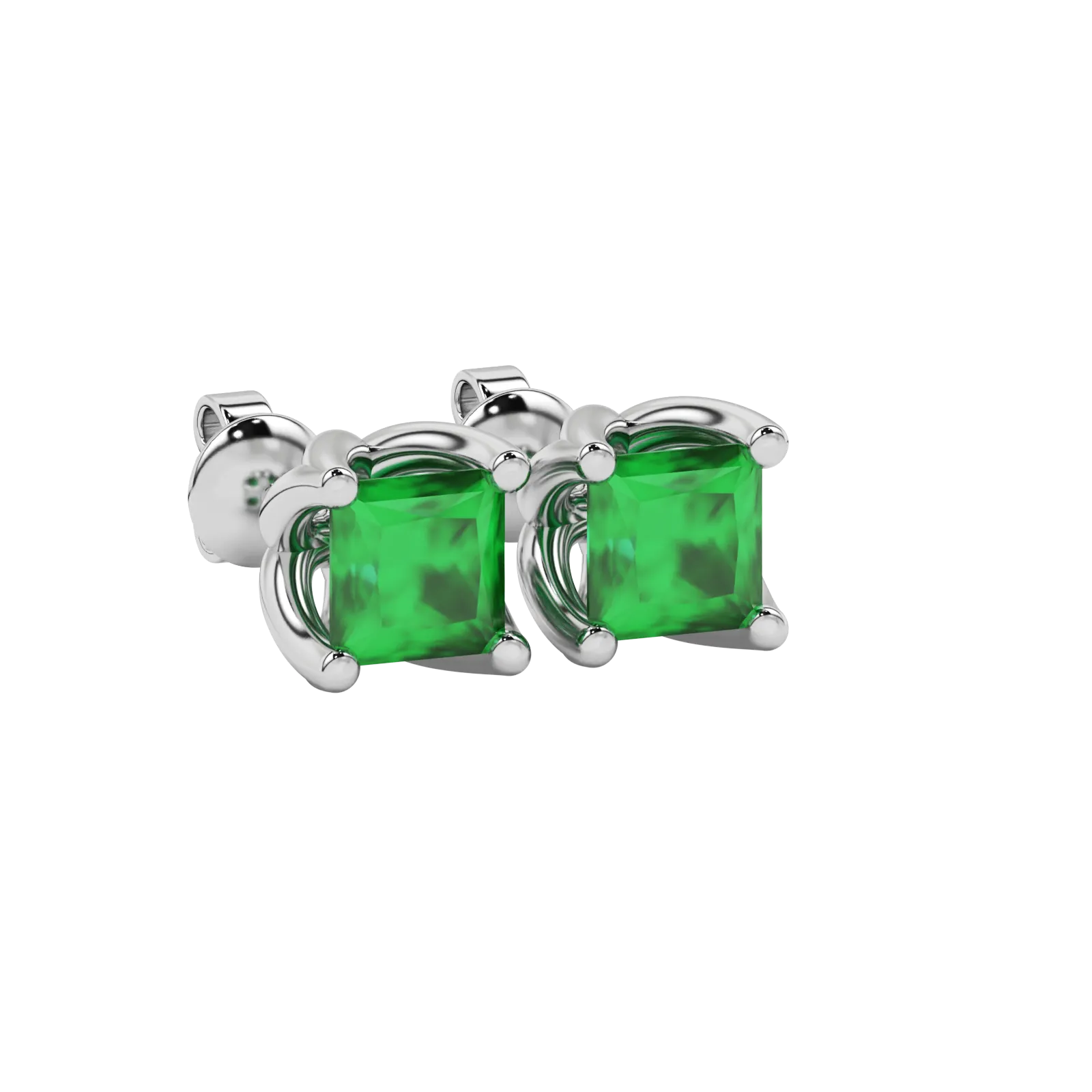 Close-up emerald green gemstone, white gold tulip setting.