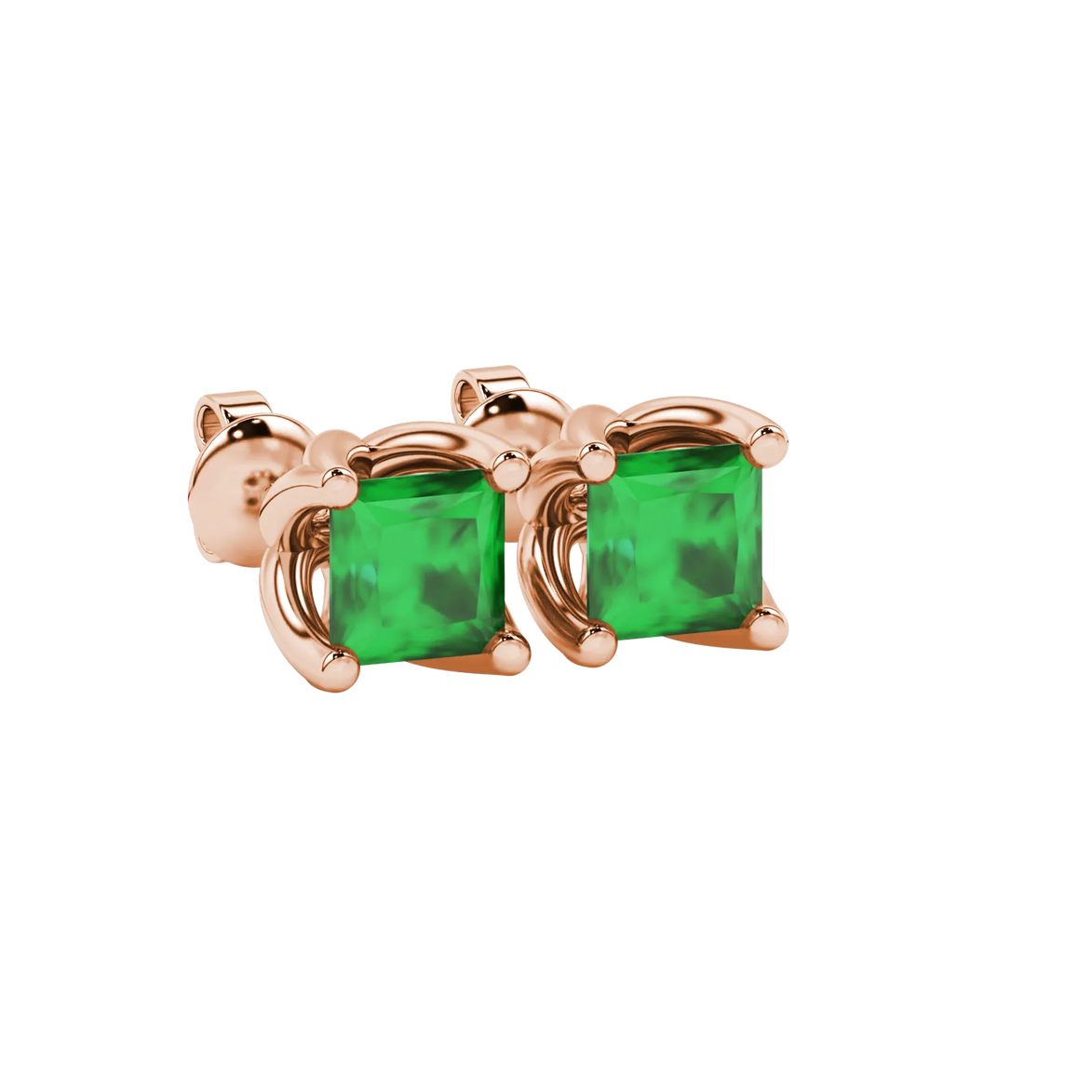 Close-up, princess emerald green gemstone earrings, rose gold tulip setting.