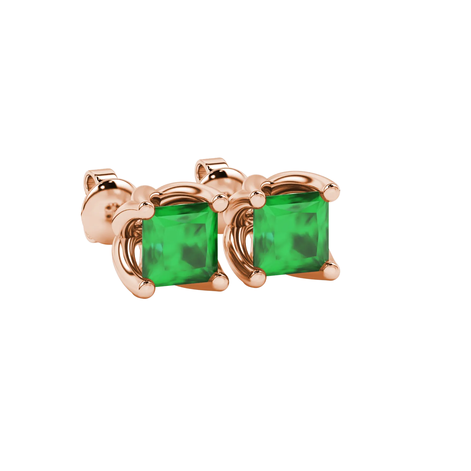 Close-up, princess emerald green gemstone earrings, rose gold tulip setting.
