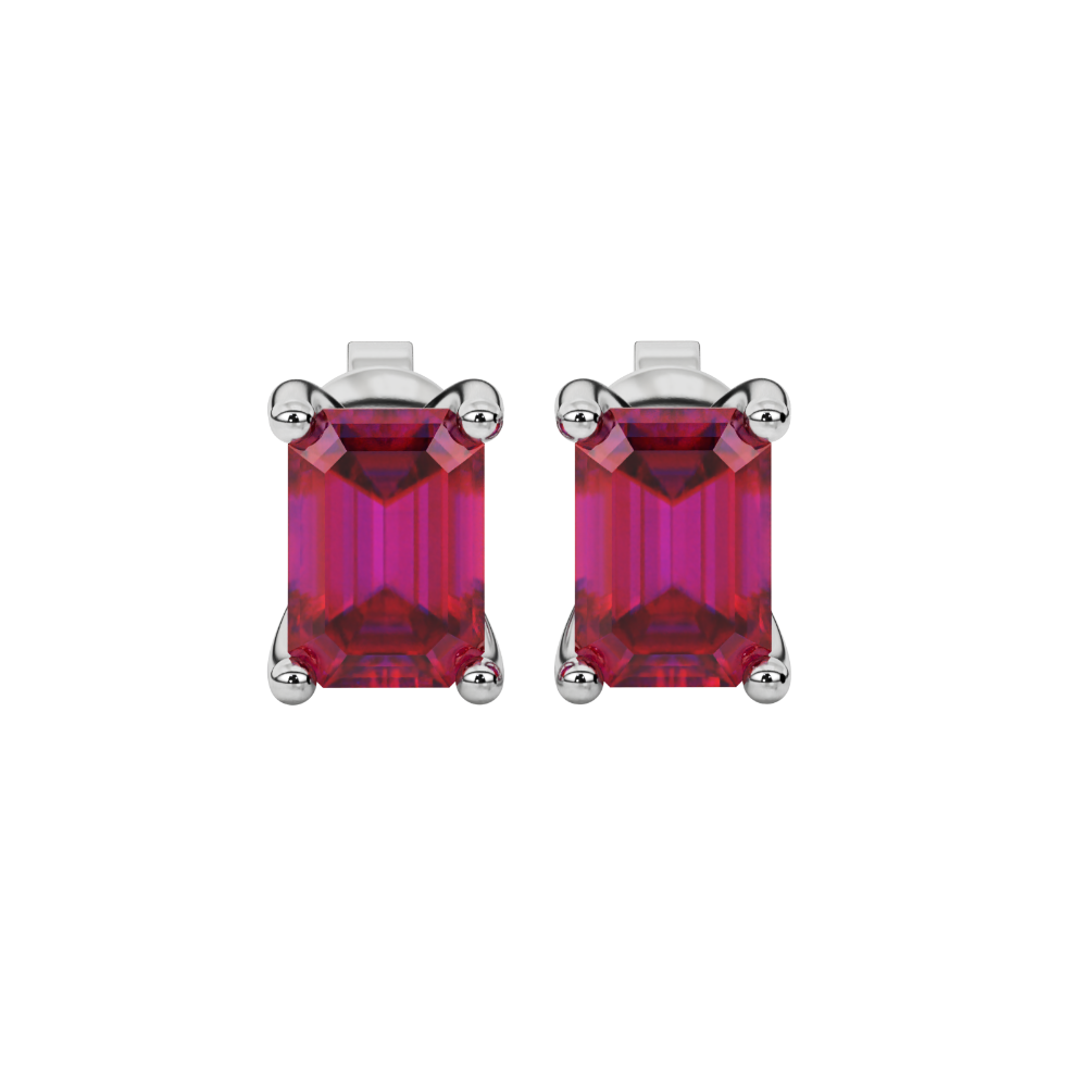Emerald Cut Red Gemstone Solitaire Stud Earrings in Rose Gold Four Prong Setting