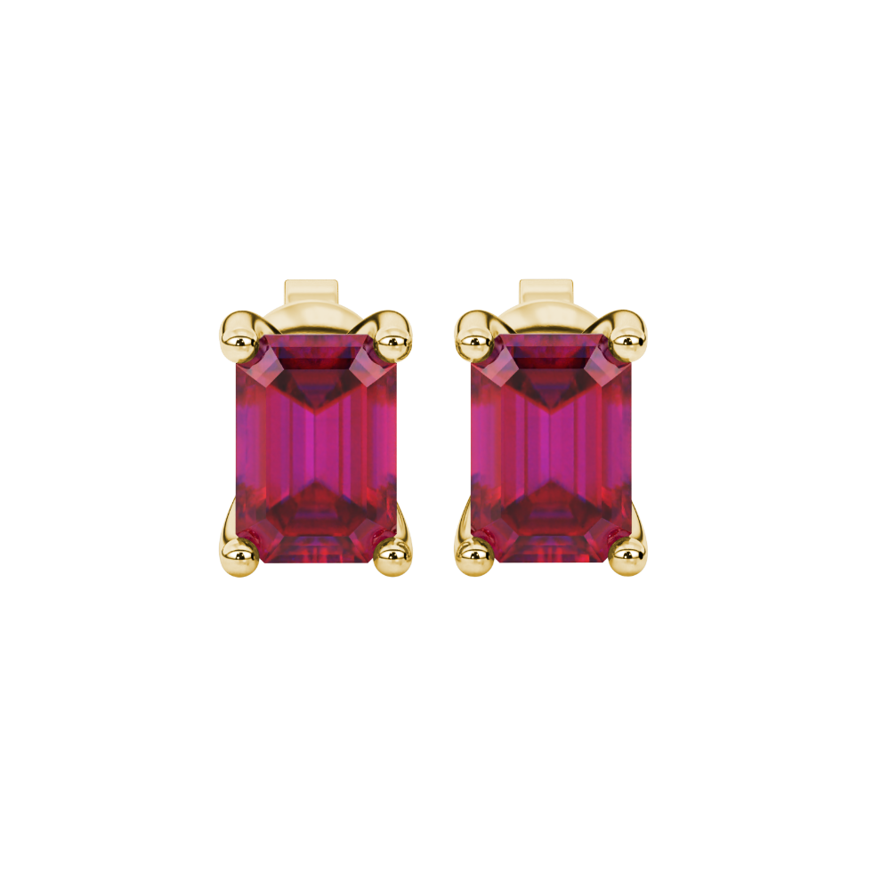 Emerald Cut Red Gemstone Solitaire Stud Earrings in Rose Gold Four Prong Setting