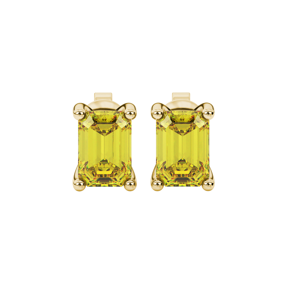 Emerald Cut Yellow Gemstone Solitaire Stud Earrings in Rose Gold Four Prong Setting