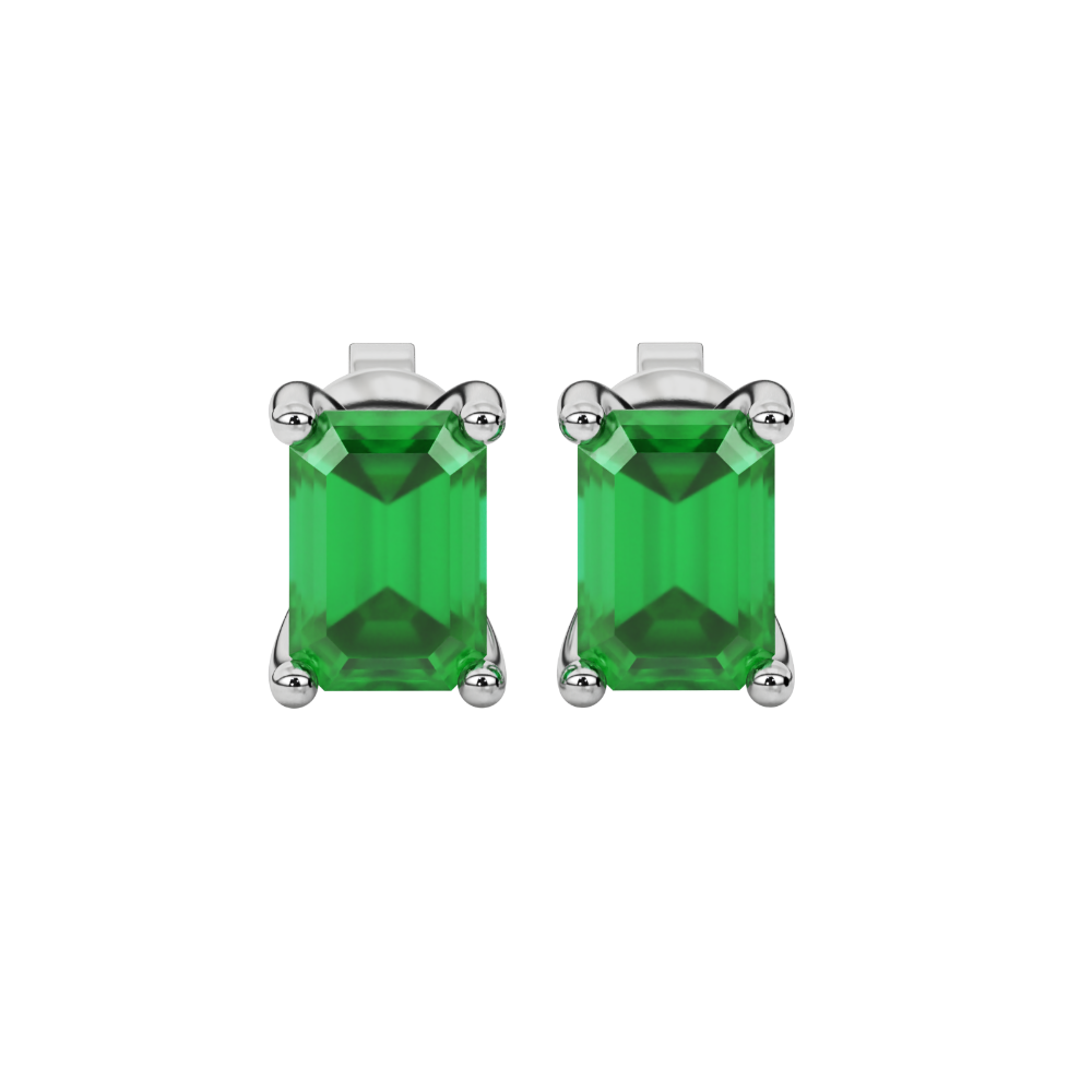 Emerald Cut Green Gemstone Solitaire Stud Earrings in Rose Gold Four Prong Setting