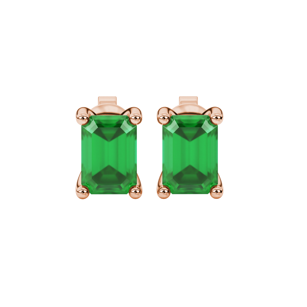 Emerald Cut Green Gemstone Solitaire Stud Earrings in Rose Gold Four Prong Setting