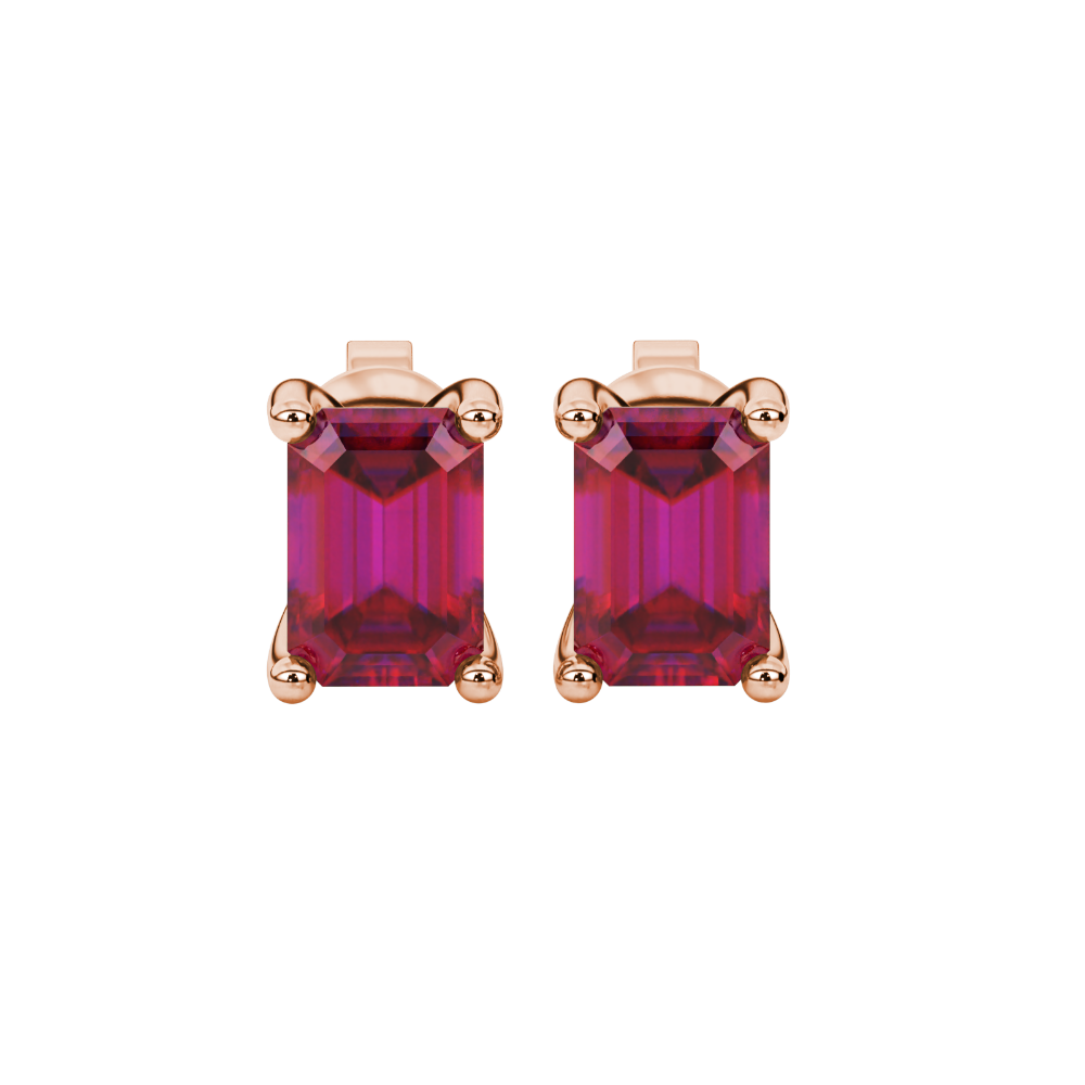 Emerald Cut Red Gemstone Solitaire Stud Earrings in Rose Gold Four Prong Setting