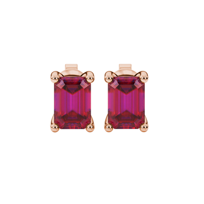 Emerald Cut Red Gemstone Solitaire Stud Earrings in Rose Gold Four Prong Setting