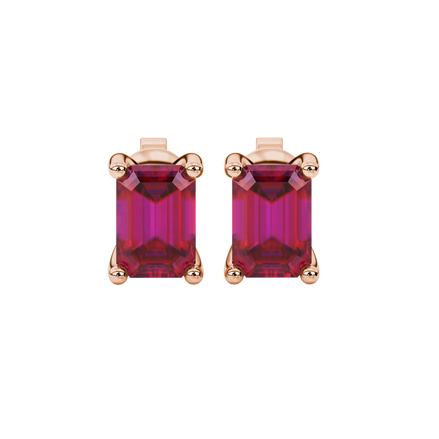 Emerald Cut Red Gemstone Solitaire Stud Earrings in Rose Gold Four Prong Setting