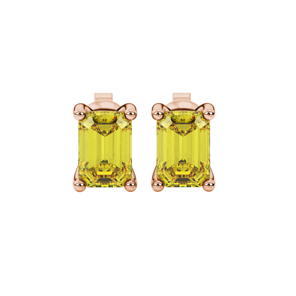 Emerald Cut Yellow Gemstone Solitaire Stud Earrings in Rose Gold Four Prong Setting