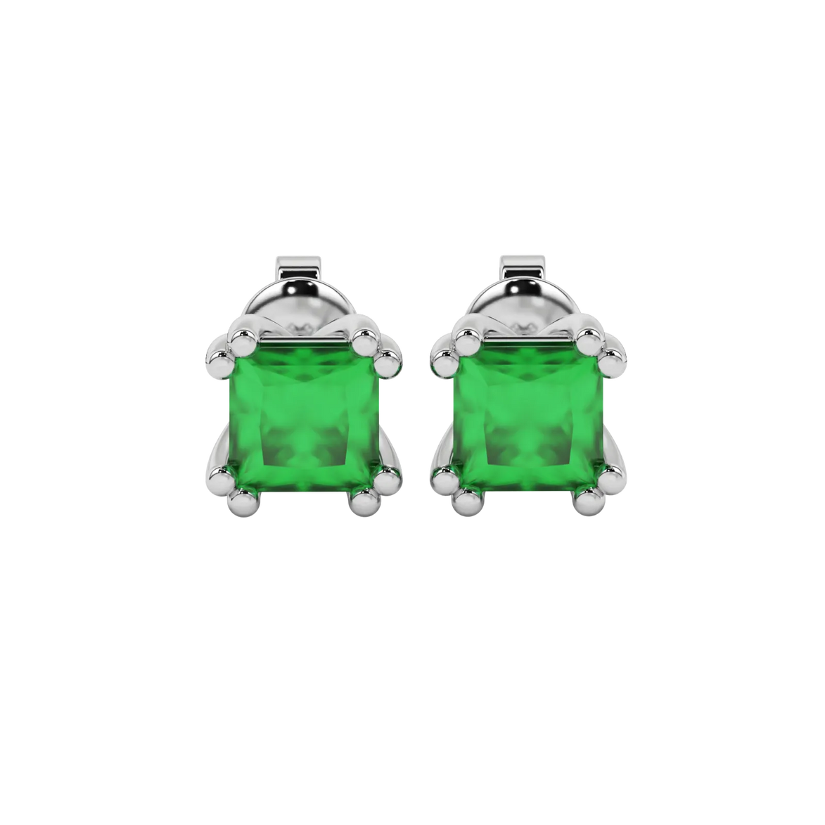 Princess emerald green gemstone earrings, white gold vintage basket setting.
