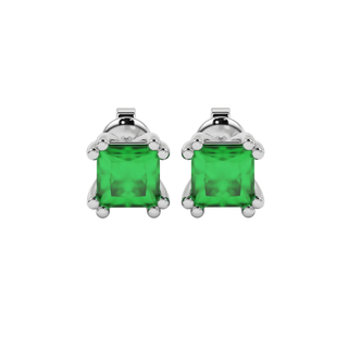 Princess emerald green gemstone earrings, white gold vintage basket setting.
