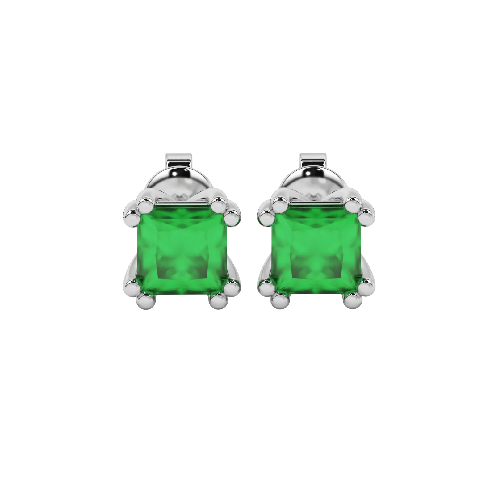 Princess emerald green gemstone earrings, white gold vintage basket setting.