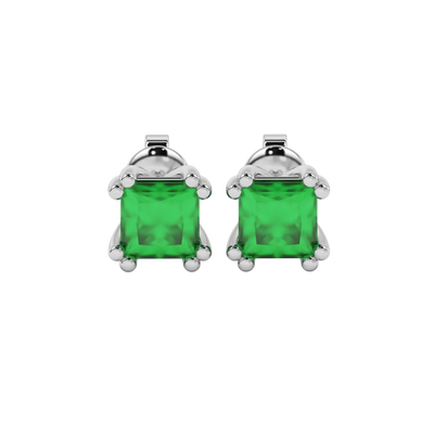 Princess emerald green gemstone earrings, white gold vintage basket setting.