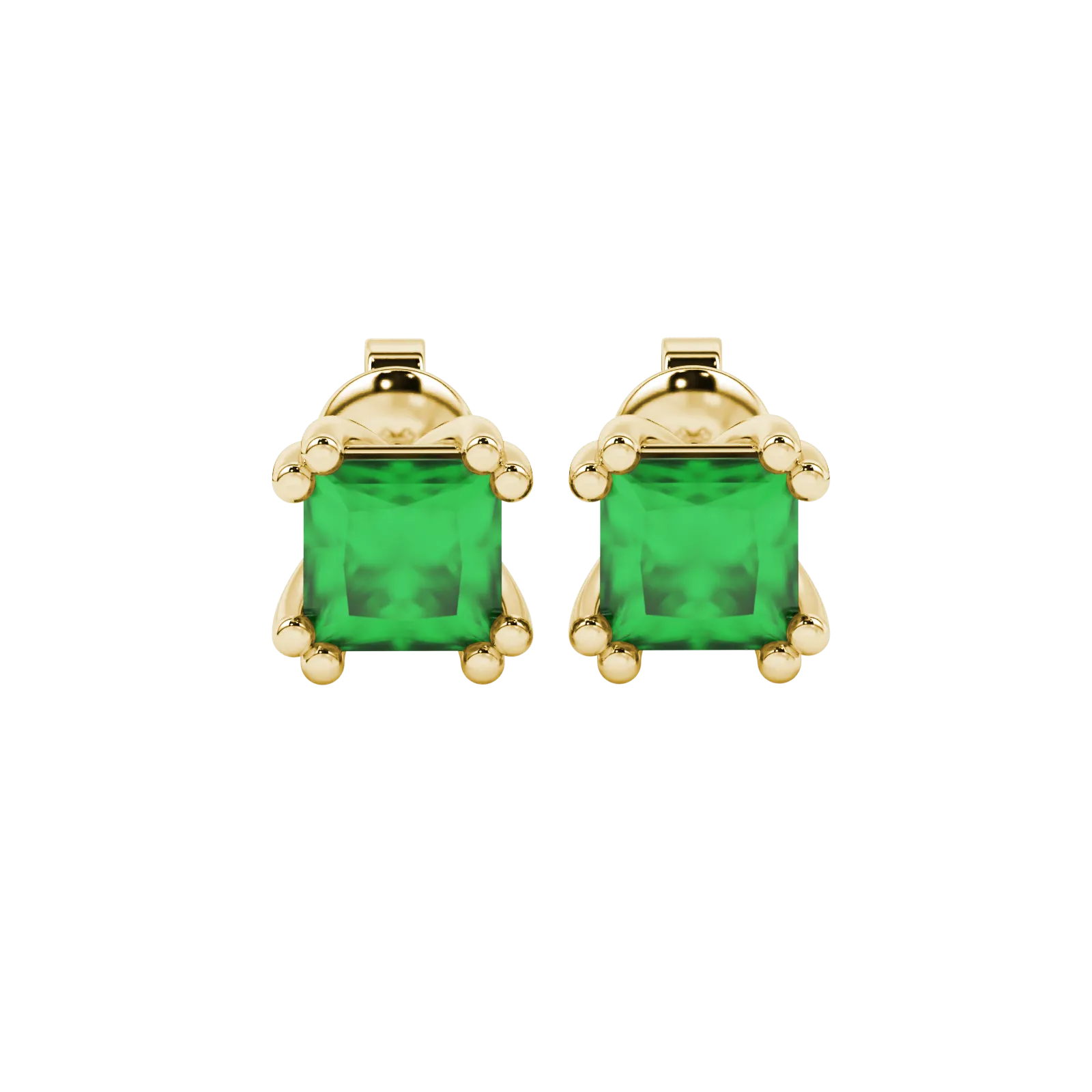 Princess emerald green gemstone earrings, yellow gold vintage basket setting.