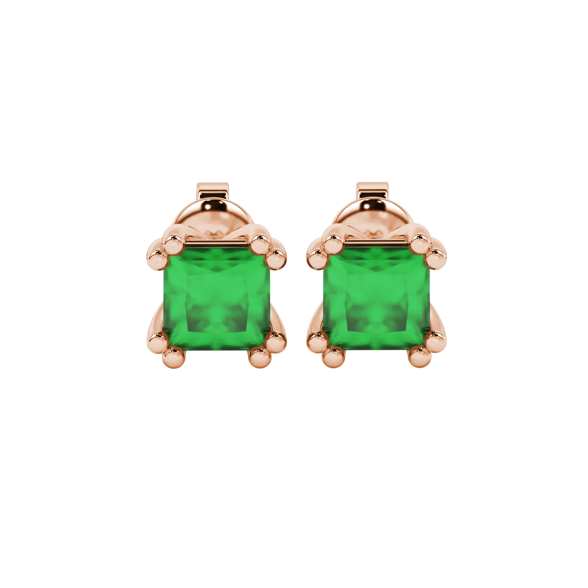 Princess emerald green gemstone earrings, rose gold vintage basket setting.