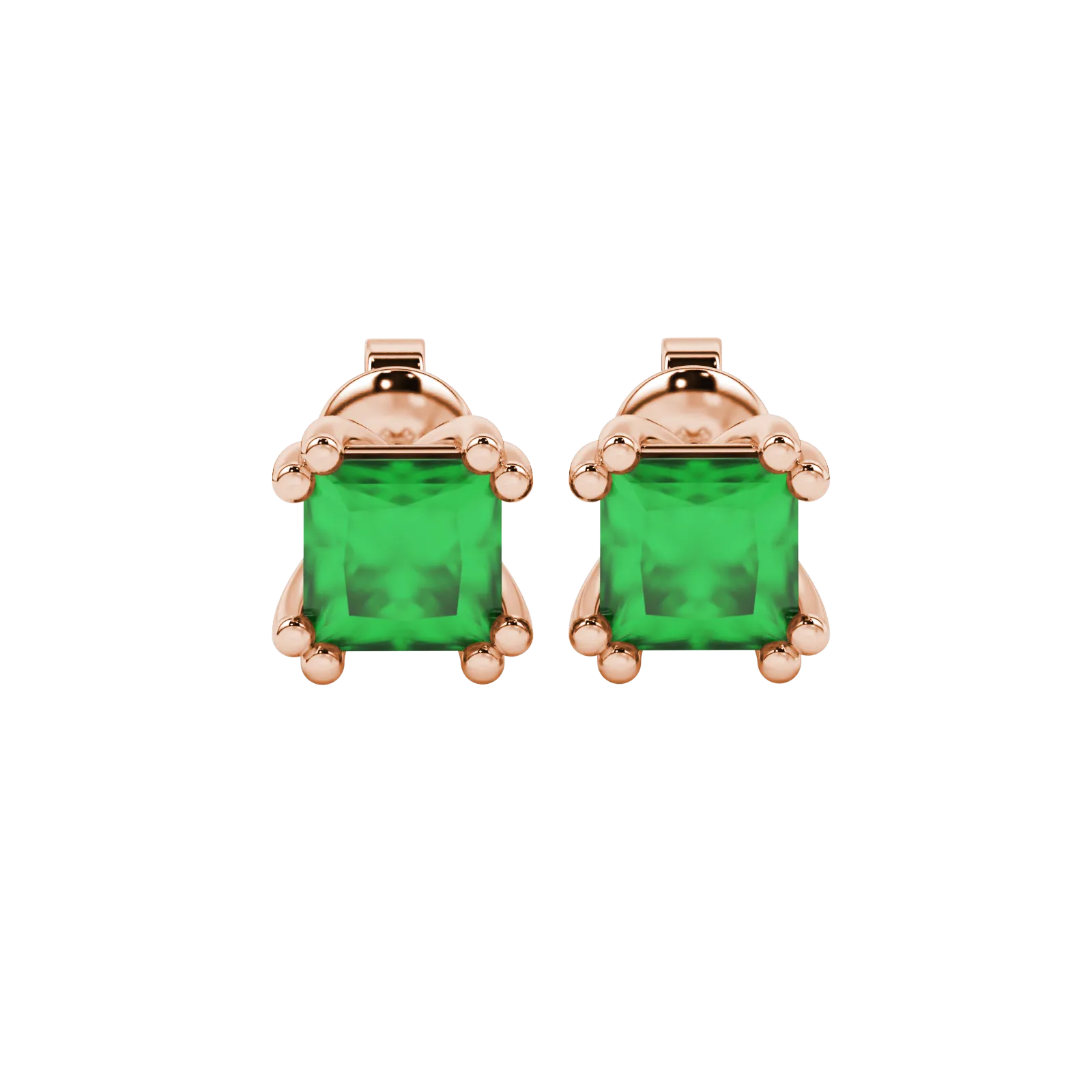 Princess emerald green gemstone earrings, rose gold vintage basket setting.