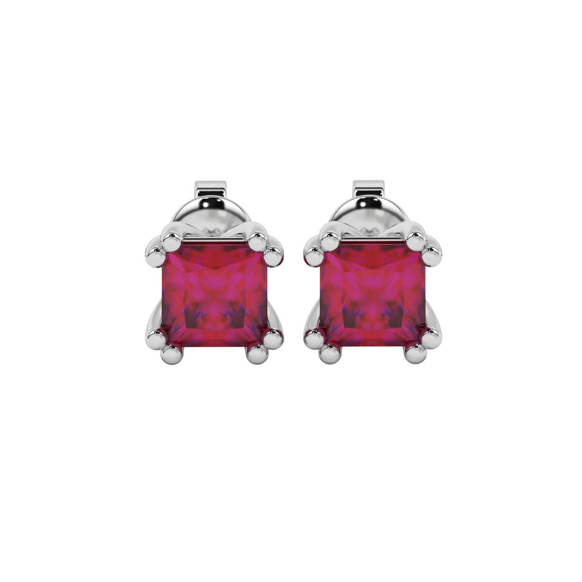 Princess raspberry red gemstone earrings, white gold vintage basket setting.